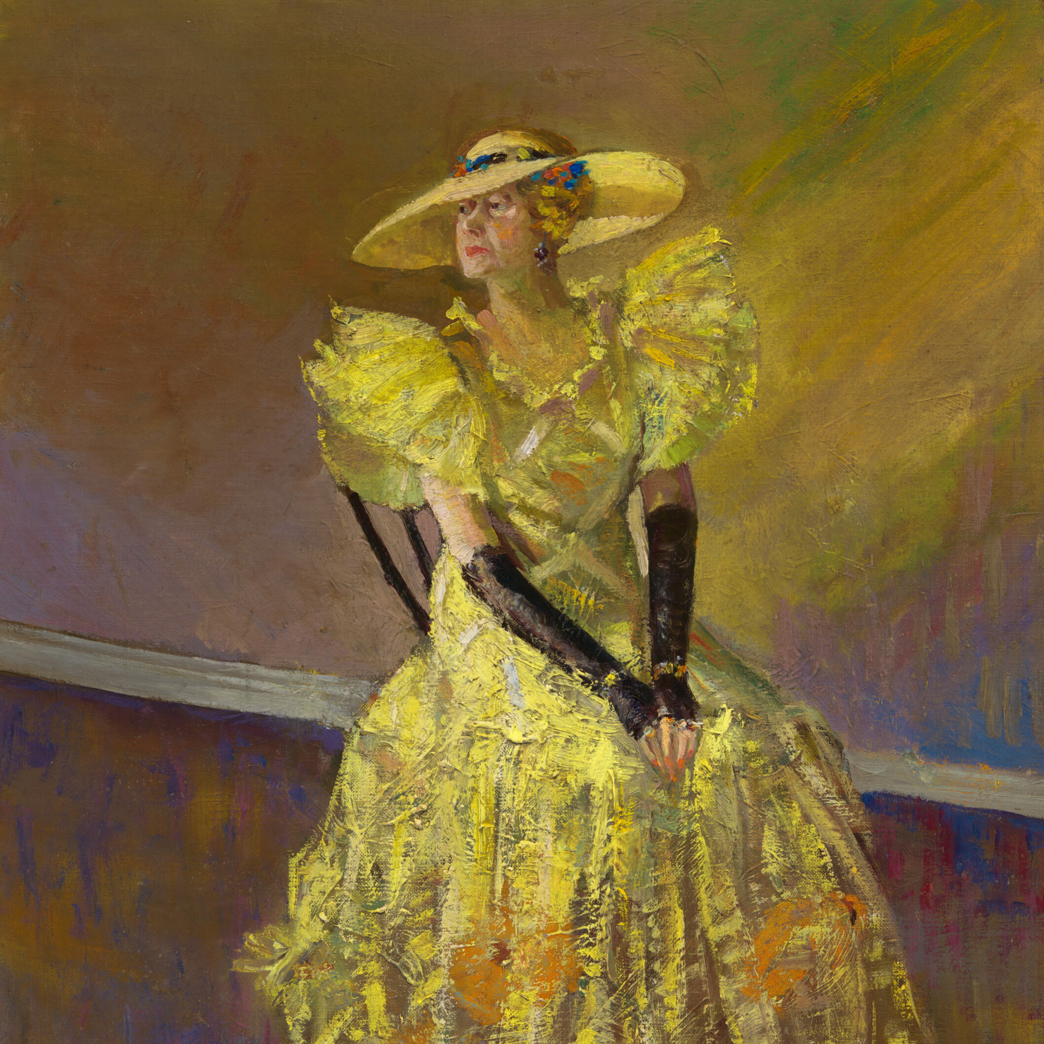 An oil painting of author Alice Dunbar-Nelson, wearing a yellow gown and wide-brimmed straw hat.